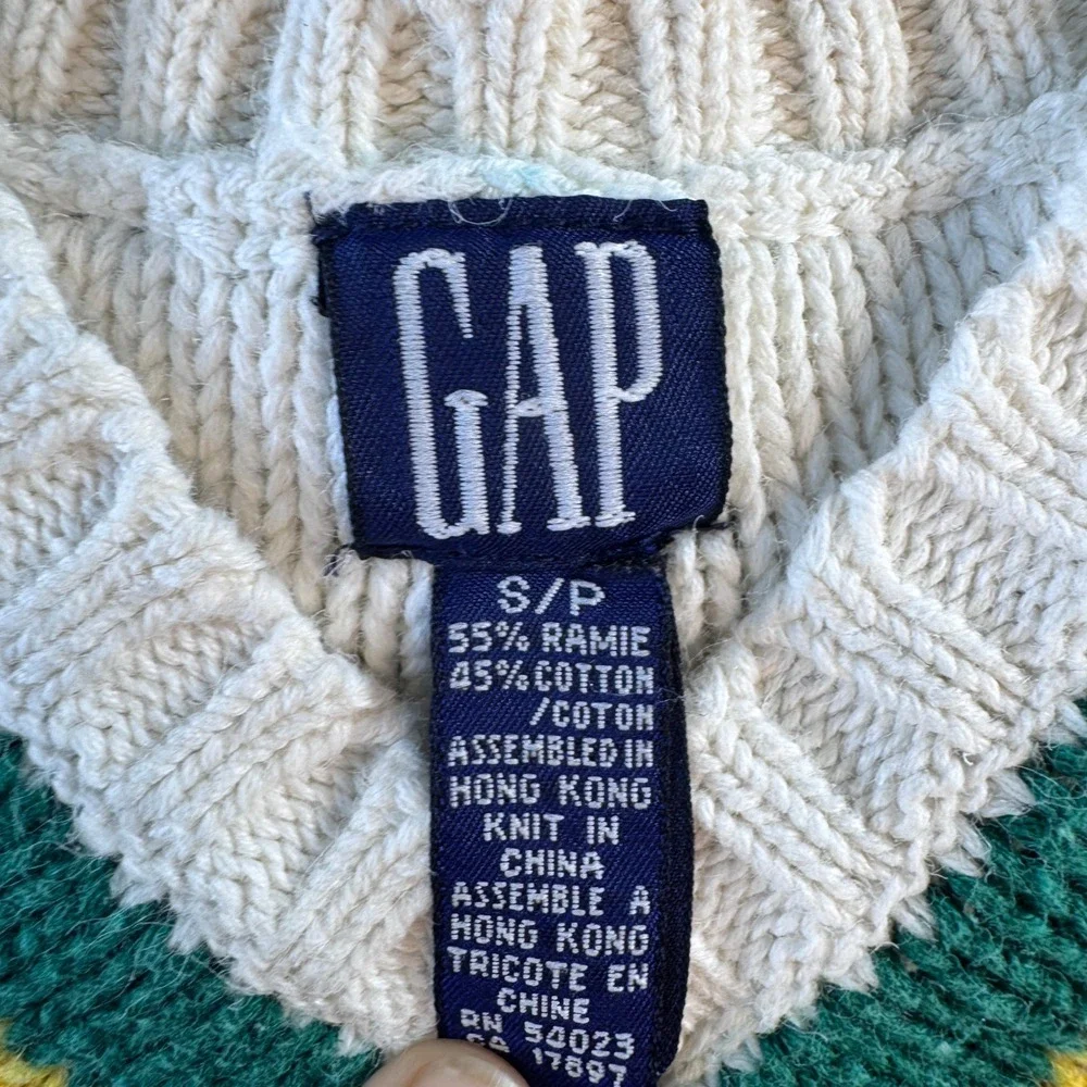 Vintage Gap Kids Cricket Sweater Cable Knit V-Neck Ivory Green Red Yellow Small